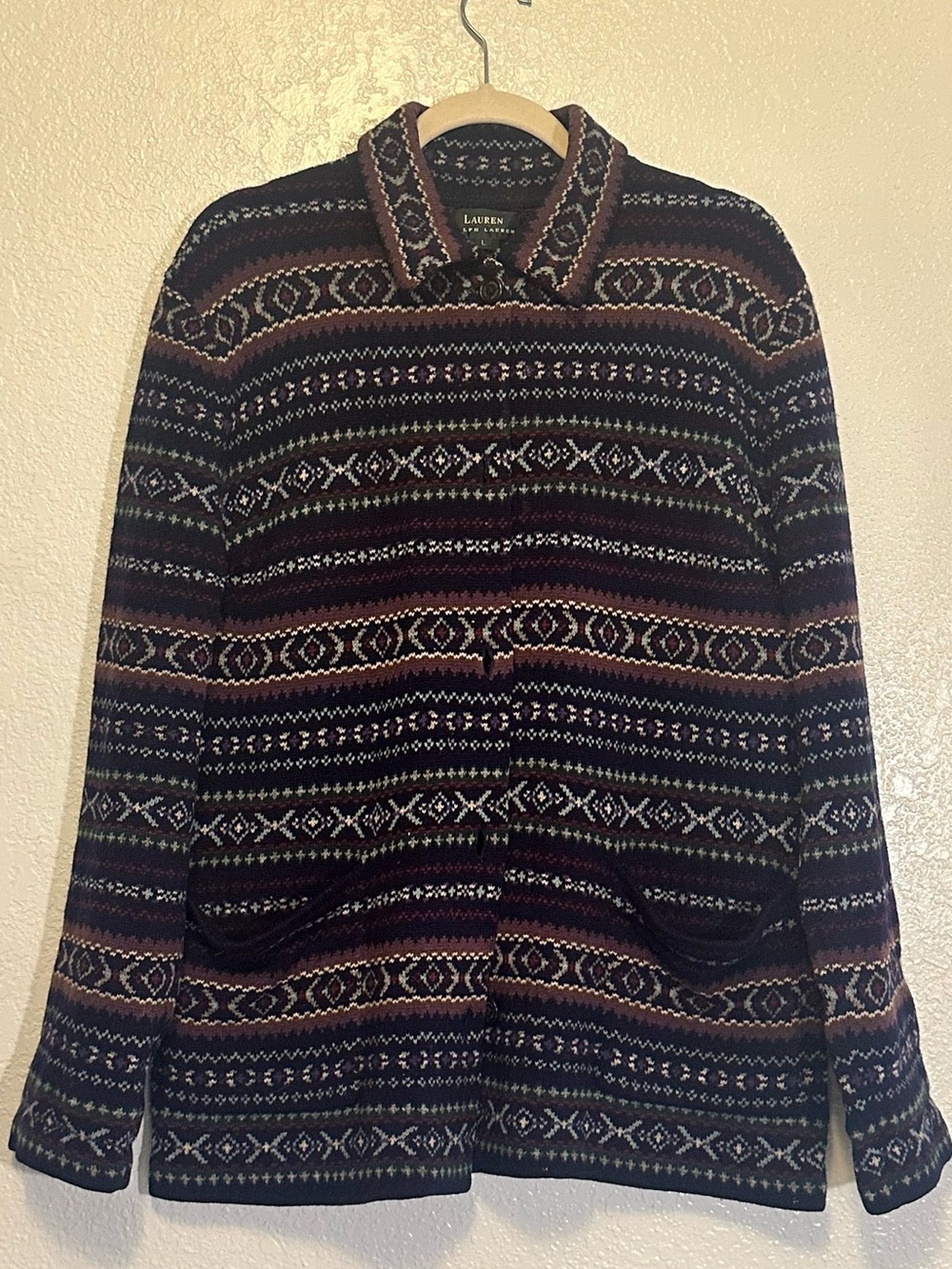 Lauren Ralph Lauren Black Multicolor Patterned Wool Button-Front Sweater Flawed